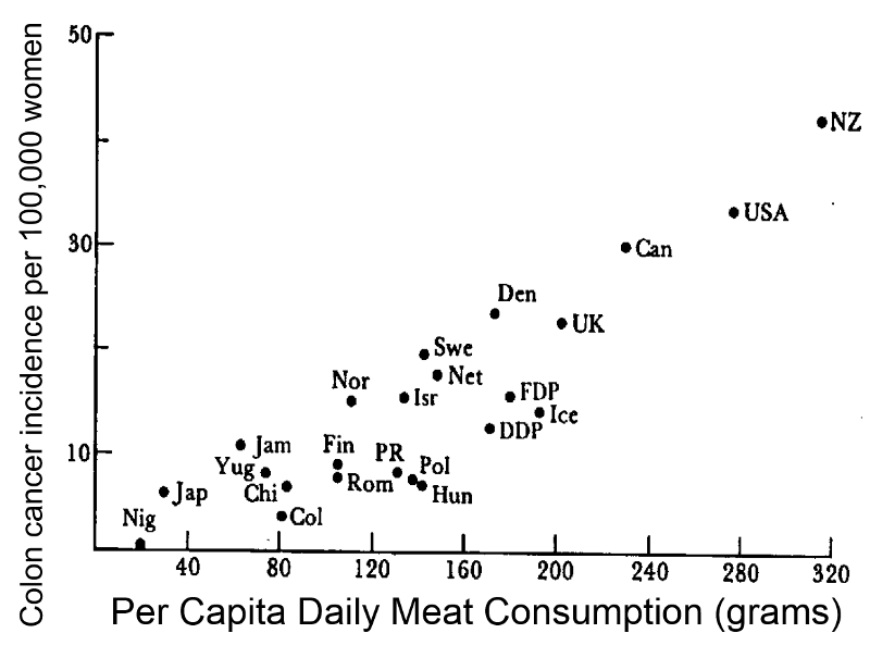Graph of colon cancer indidence in 25 countries as a function of per capita meat consumption. Countries that eat more meat have greater colon cancer incidence.