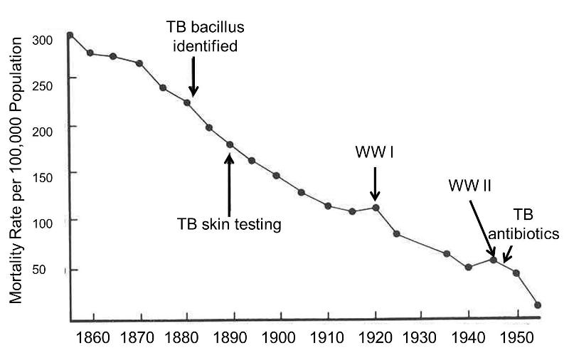 Line graph of mortality from tuberculosis in the United Kingdom from 1850 to 1960. There is an almost linear decline from 300 per 100,000 population down to less than 10 per 100,000. There are transient increases in mortality during world war one and world war two.