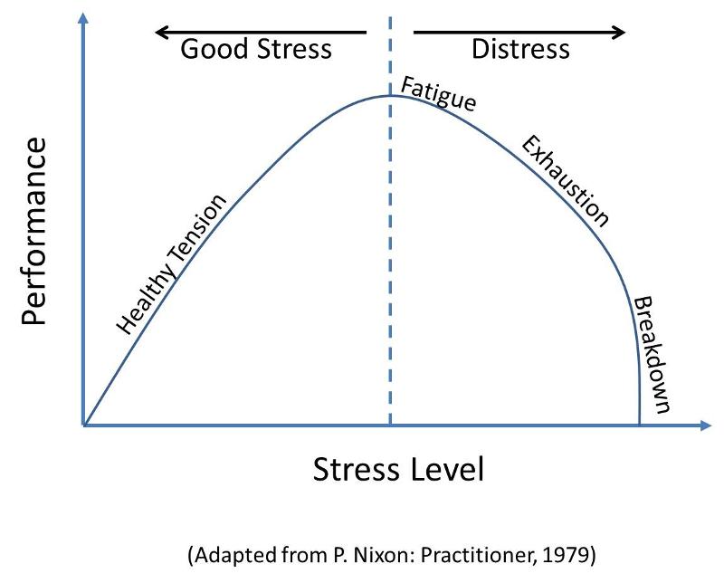 Graphic showing how increassint stress improves performance up to a point, after which perfromance declines with increasing stress