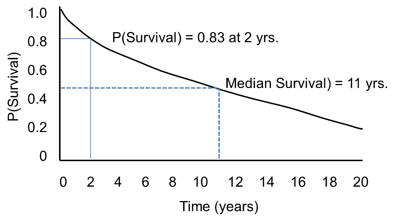 X-axis is time from 0-20 years. Y-axis is probability of survival from 0 to 1.0.