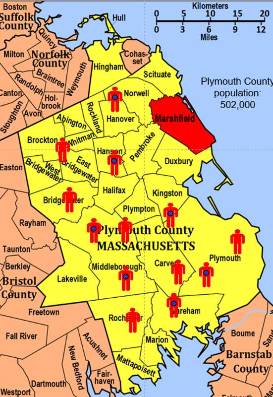 Map of Plymouth County showing red icons of people who developed hepatitis A in the outbreak