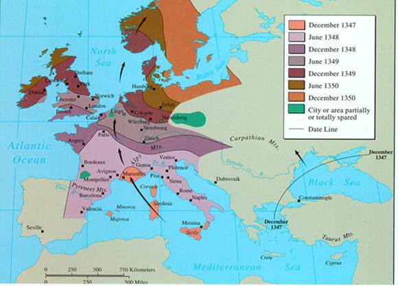 Map showing the spread of bubonic plague from 1347 to 1350. It apparently followed trade routs from Asia into the Black Sea, then into the Mediterranean Sea, to Sicily, Italy, France and continued north through Belgium, Germany, the United Kingdom, and into Scandanavia.